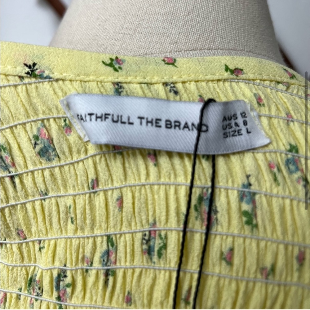 Faithfull The Brand Yellow Floral Smocked Puff Sleeve Fitted Mini Dress size 8 - Picture 4 of 10